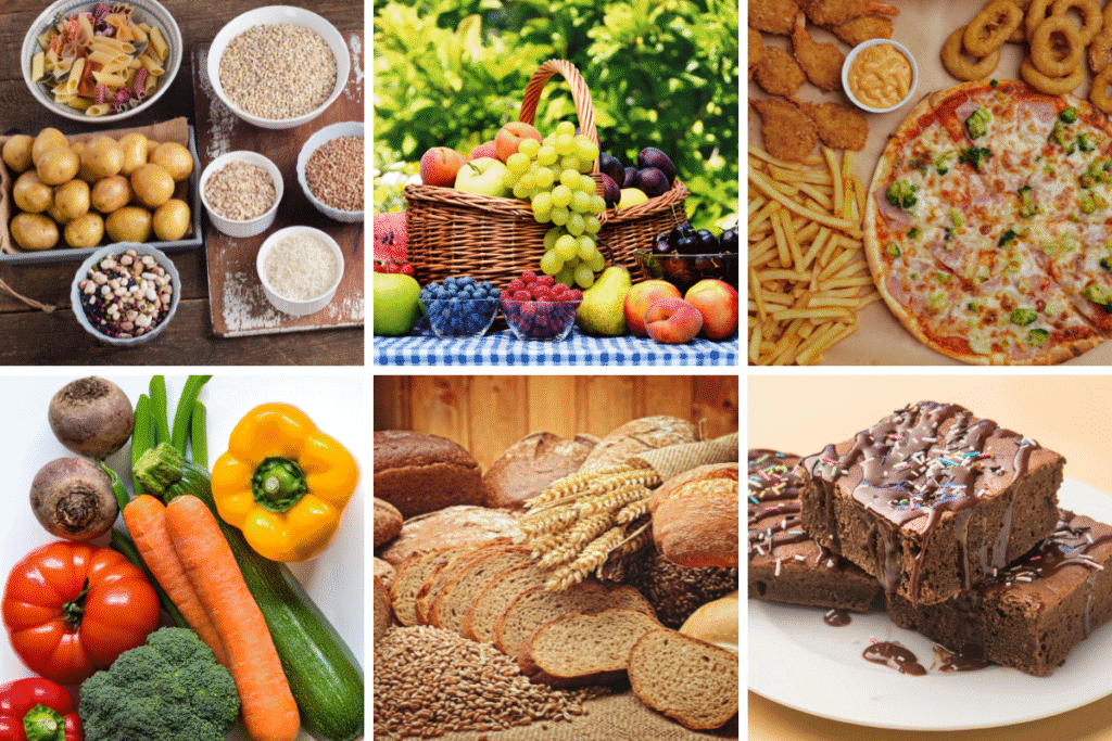 verschiedene Formen Kohlenhydrate verschiedene Formen von Kohlenhydraten Brot, Nudeln, Pizza, Gemüse, Obst