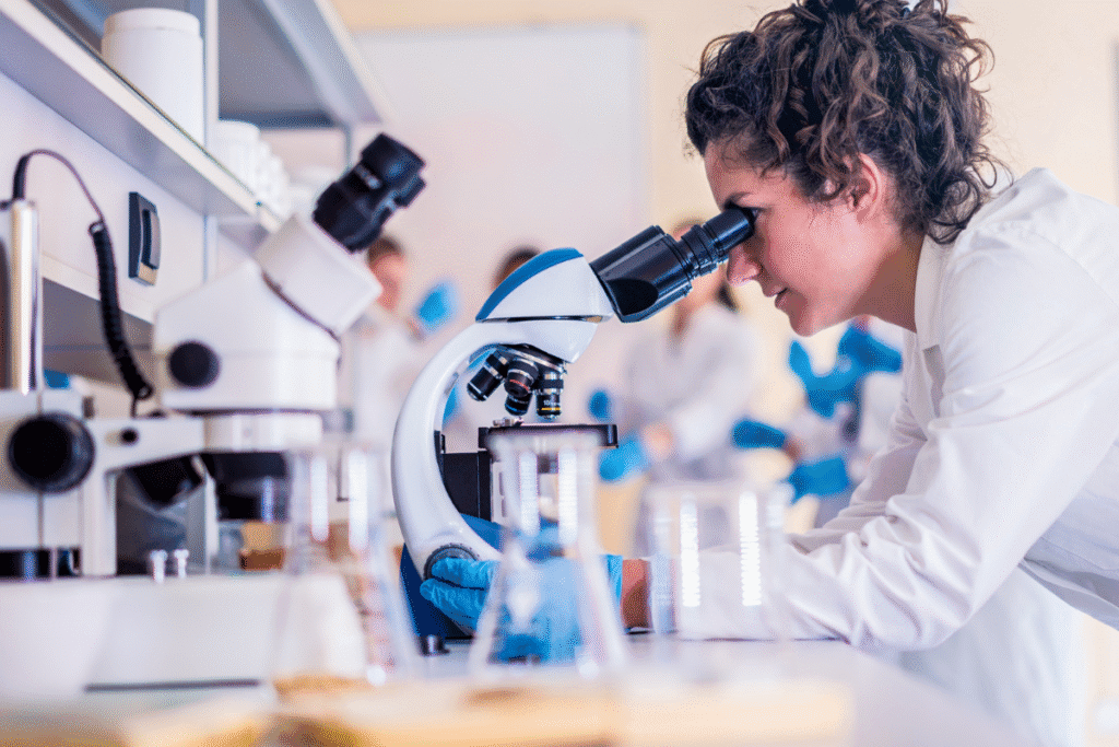 Frau im weißen Kittel blickt durch ein Mikroskop, Laborumgebung mit Gläsern und Kollegen im Hintergrund