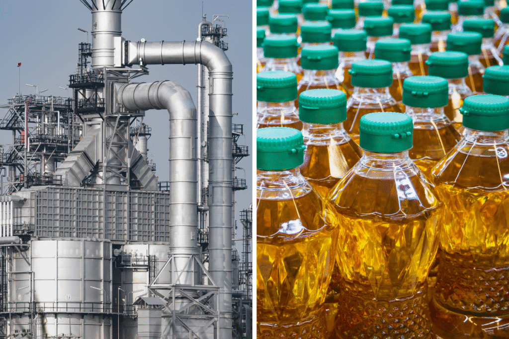 Industrielle Ölraffinerie neben Plastikflaschen mit raffiniertem Pflanzenöl