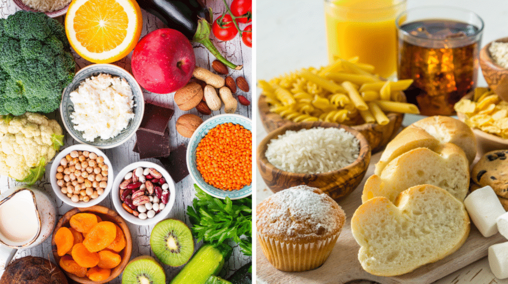Vergleich gesunder und ungesunder Kohlenhydrate: frisches Obst, Gemüse, Hülsenfrüchte und Nüsse auf der linken Seite, Weißbrot, Muffin, Cornflakes und Softdrinks auf der rechten Seite