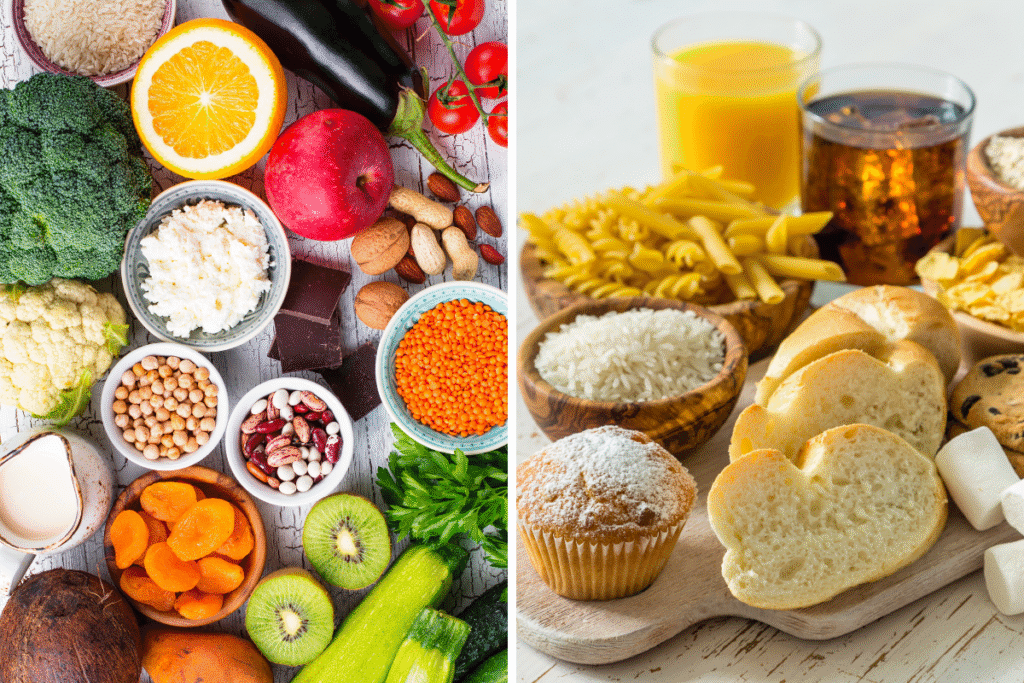 Vergleich gesunder und ungesunder Kohlenhydrate: frisches Obst, Gemüse, Hülsenfrüchte und Nüsse auf der linken Seite, Weißbrot, Muffin, Cornflakes und Softdrinks auf der rechten Seite