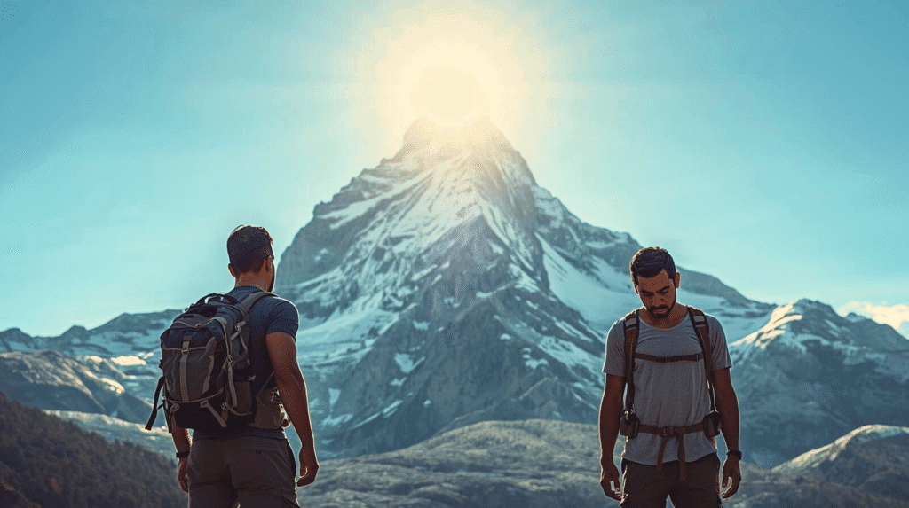 Zwei Personen vor einem gewaltigen Berg, einer steht aufrecht im warmen Licht der Sonne, der andere leicht gebeugt, symbolisierend, wie Überzeugungen die Realität prägen
