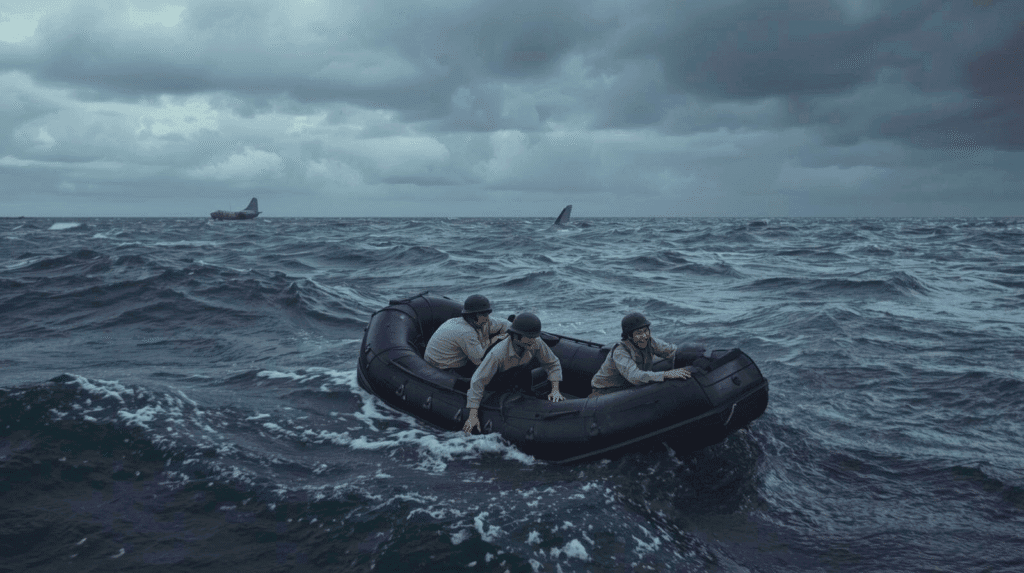 Drei Männer in einem Schlauchboot auf einem stürmischen Pazifik-Ozean, umgeben von Haiflossen und einem sinkenden Flugzeug, symbolisieren Louis Zamperinis Überlebenskampf nach dem Absturz im Zweiten Weltkrieg.