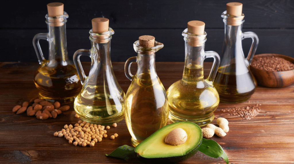 Pflanzenöl: Verschiedene pflanzliche Öle in Glasflaschen – darunter Avocadoöl, Sojaöl, Mandelöl, Leinöl und Erdnussöl – auf einem Holztisch mit passenden Samen und einer Avocado.