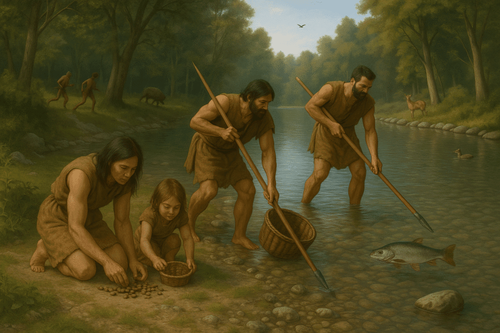 Prähistorische Szene am Fluss: Frau und Kind sammeln Nüsse, zwei Männer fischen mit Speer; Fische im Wasser und im Korb; hinten angedeutete Wildschweinjagd.