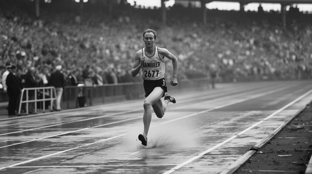 Roger Bannister läuft entschlossen auf einer nassen Leichtathletikbahn, umgeben von einer begeisterten Zuschauermenge, bei seinem historischen vier-Minuten-Meilenlauf am 6. Mai 1954 in Oxford.