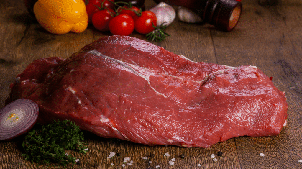 Holzbrett, daneben rote Zwiebel und Kräuter; Paprika und Tomaten im Hintergrund