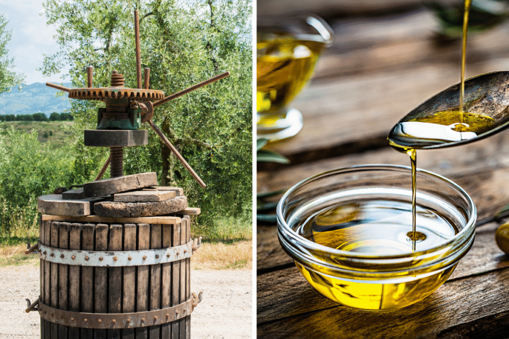 Traditionelle Olivenölpresse im Freien neben einer Schale mit hochwertigem Olivenöl