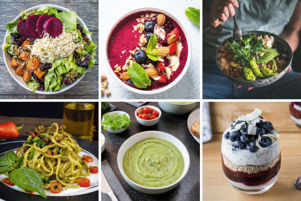 Veganes Essen unterschiedliche Varianten von Veganem Essen, bowles, Suppe, Pasta, Nachtisch