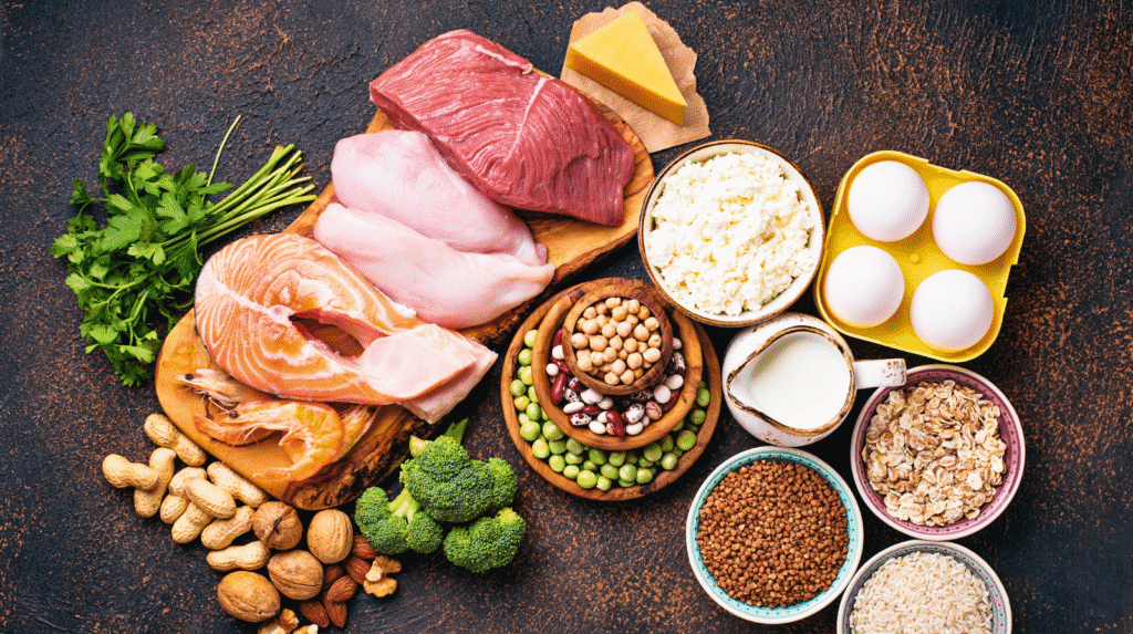 Verschiedene eiweißreiche Lebensmittel wie Fisch, Eier, Hülsenfrüchte, Nüsse und Milchprodukte – natürliche Proteinquellen für eine ausgewogene Ernährung ab 40