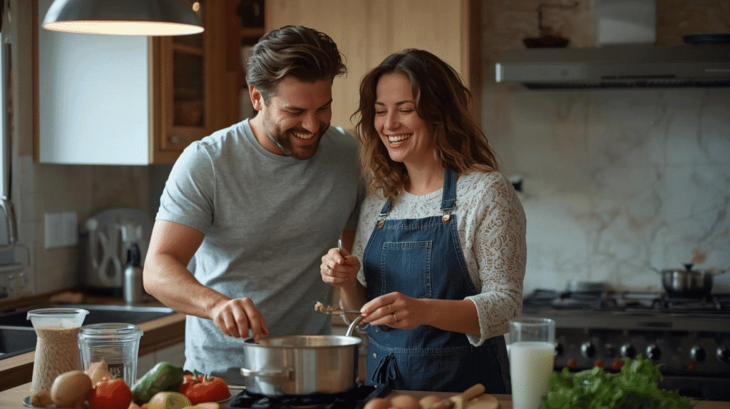 Paar Mitte 40 kocht gemeinsam gesundes Essen in heller Küche – Symbol für bewusste Ernährungsumstellung und Lebensfreude