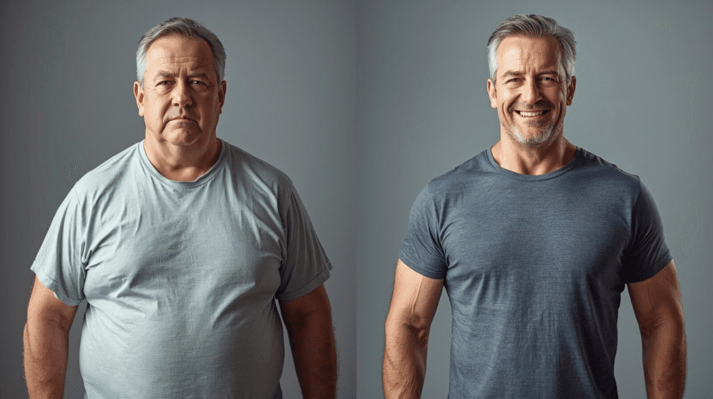 Zwei Männer Mitte 40 nebeneinander: links müde und erschöpft mit leichtem Übergewicht, rechts vital, sportlich und lächelnd – Symbol für den Einfluss von Testosteron auf Energie und Vitalität