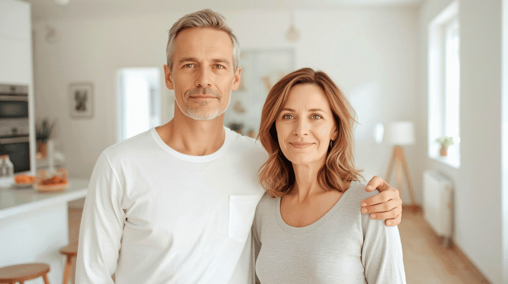 Gesundes Paar um die 40 in einer hellen Küche – Symbolbild für Proteinbedarf und Ernährung ab 40.