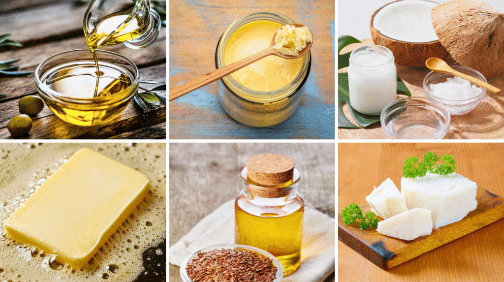 Auswahl natürlicher Fette: Olivenöl, Ghee, Kokosöl, Butter, Leinöl und Schmalz in Gläsern und Schalen als Übersicht über traditionelle Kochfette