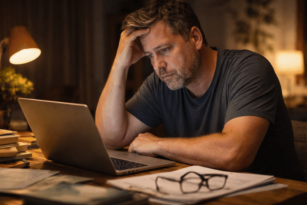 Mann Mitte 40 sitzt abends erschöpft vor dem Laptop, Symbol für chronischen Stress und erhöhte Cortisolbelastung
