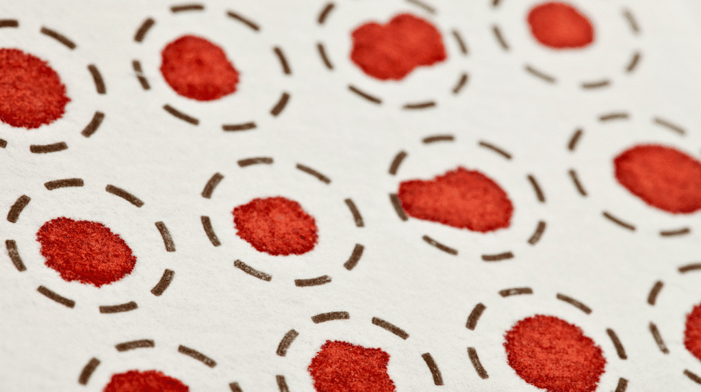 Getrocknete Blutstropfen auf einer Trockenblutkarte zur Analyse von Blutwerten