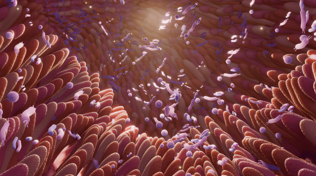 Illustration von Darmzotten und Mikrobiom zum Thema Verträglichkeit von Zusatzstoffen