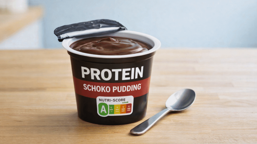 Ist Protein Pudding gesund? Geöffneter Protein Schoko Pudding mit Löffel auf heller Holzplatte