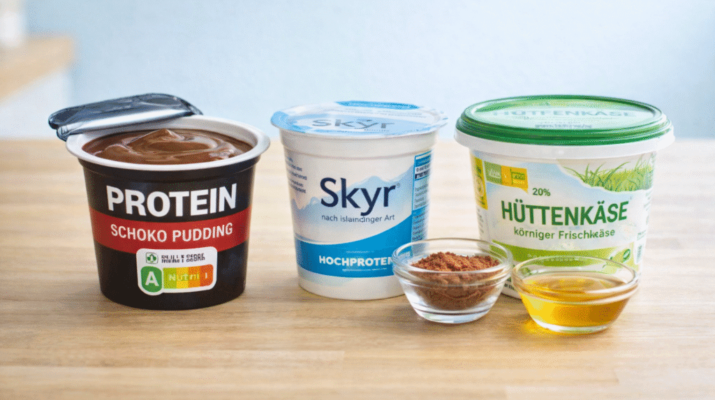 Proteinpudding neben Skyr und Hüttenkäse sowie kleinen Schälchen mit Kakao und Honig
