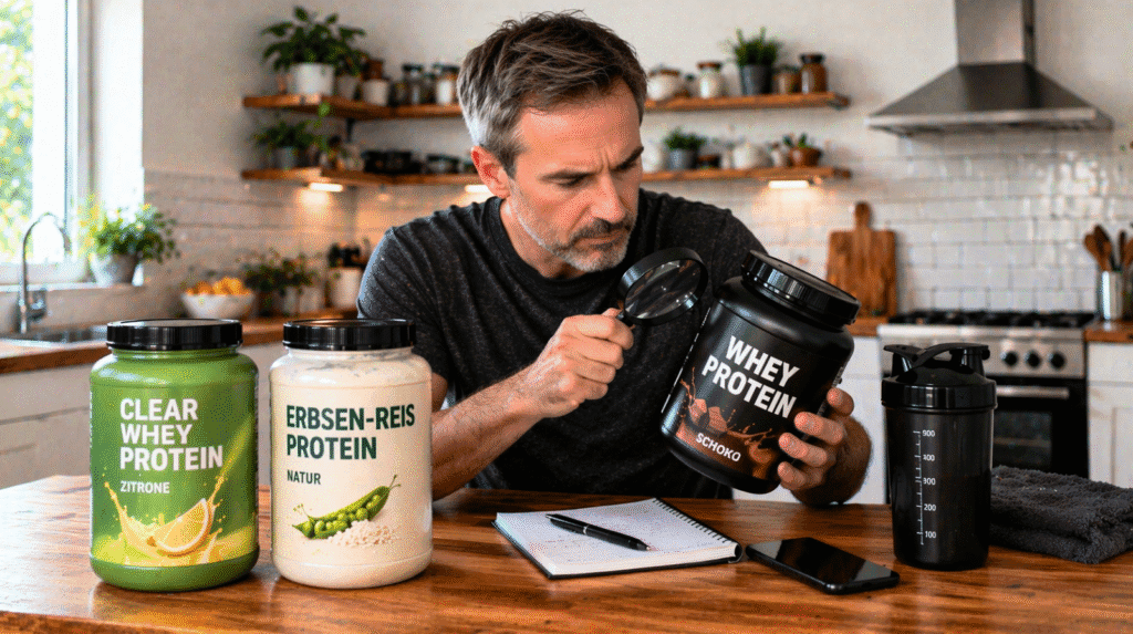 Mann Ende 40 vergleicht Proteinpulver mit Lupe und prüft Qualität und Zutaten