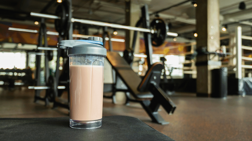 Proteinshake im Fitnessstudio als praktische Ergänzung nach dem Training