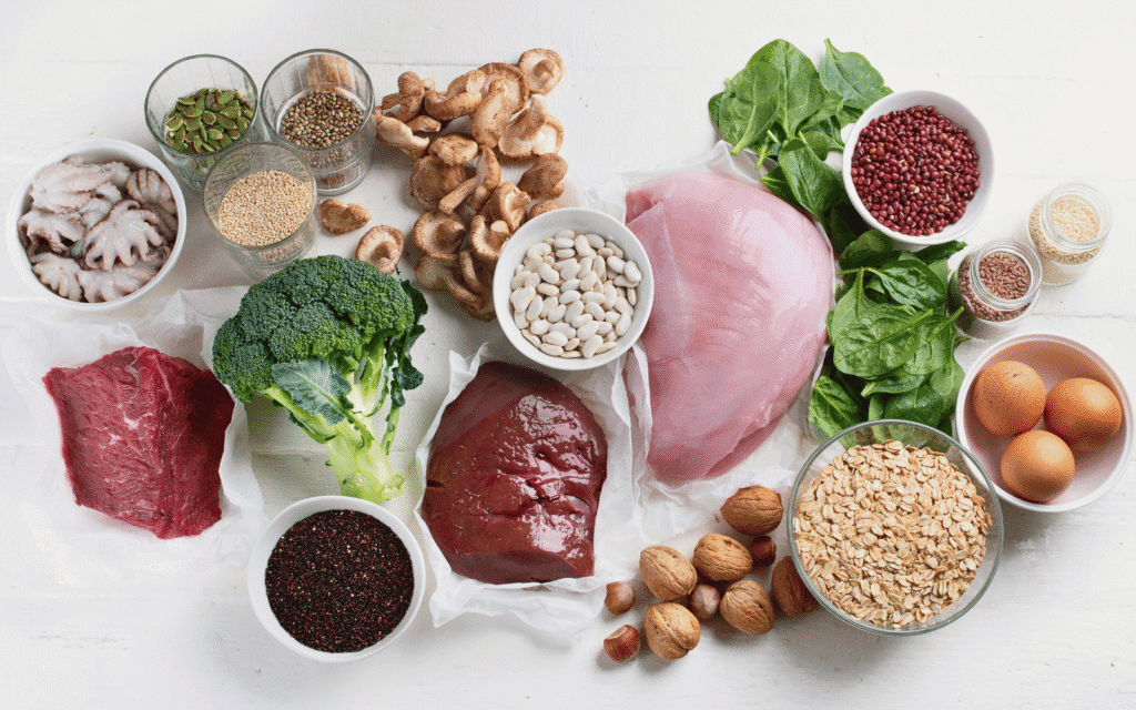 Eisenhaltige Lebensmittel von oben: rotes Fleisch, Leber, Hähnchen, Spinat, Brokkoli, Bohnen, Kürbiskerne, Haferflocken und Eier.