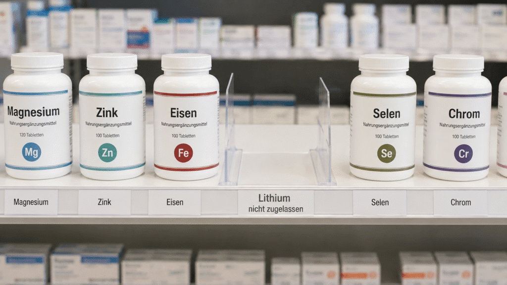 Lithium Supplement: Apothekenregal mit Magnesium, Zink, Eisen und Selen sowie einer leeren Stelle für nicht zugelassenes Lithium-Supplement