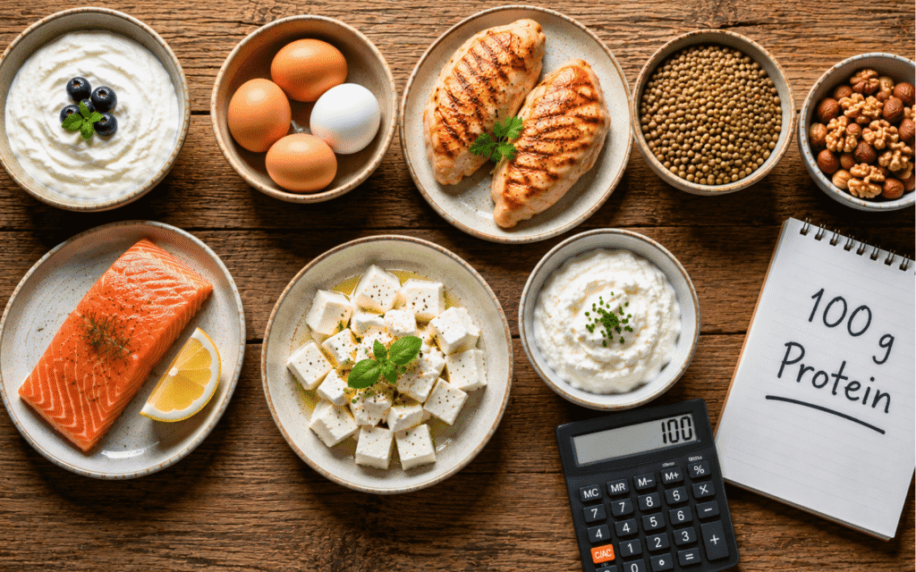 Proteinrechner: Proteinreiche Lebensmittel für den Alltag: Skyr, Eier, Hähnchenbrust, Lachs, Feta, Linsen und Nüsse mit Taschenrechner und Notiz „100 g Protein“.