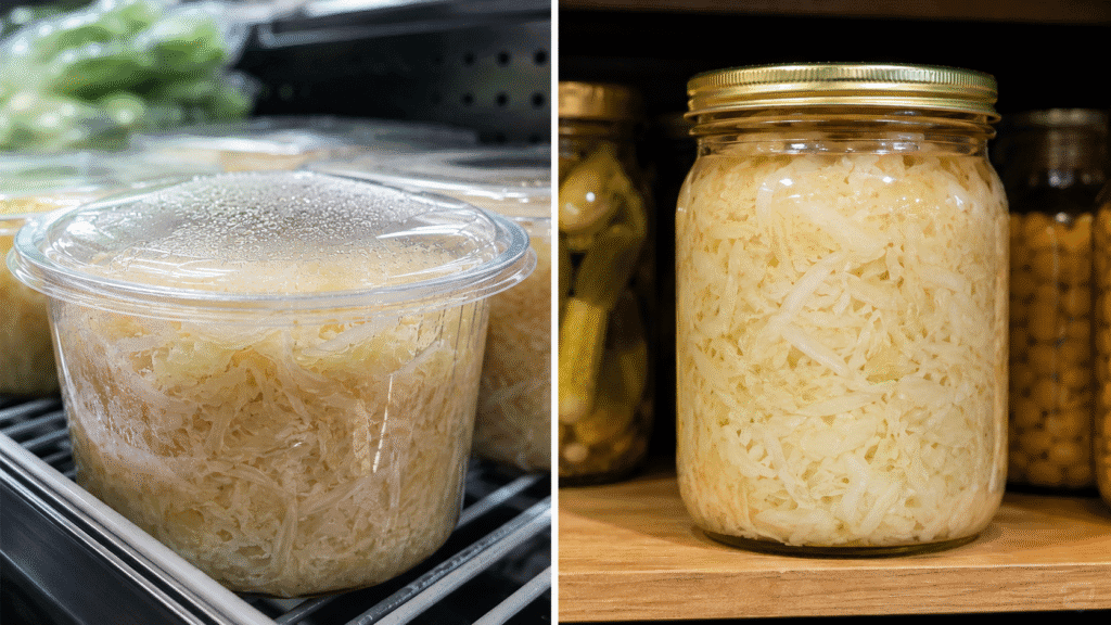 Frisches Sauerkraut im Kühlregal und pasteurisiertes Sauerkraut im Glas als Vergleich der beiden im Handel erhältlichen Varianten.