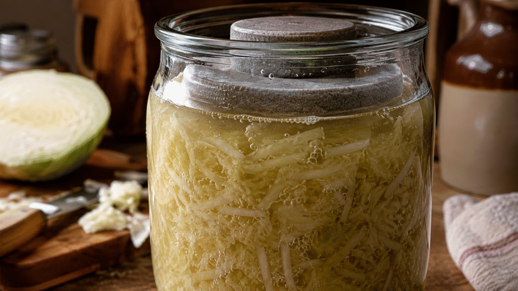 Sauerkraut selber machen: Glas mit selbst fermentiertem Sauerkraut, Lake und Fermentationsgewicht auf einem rustikalen Küchentisch.