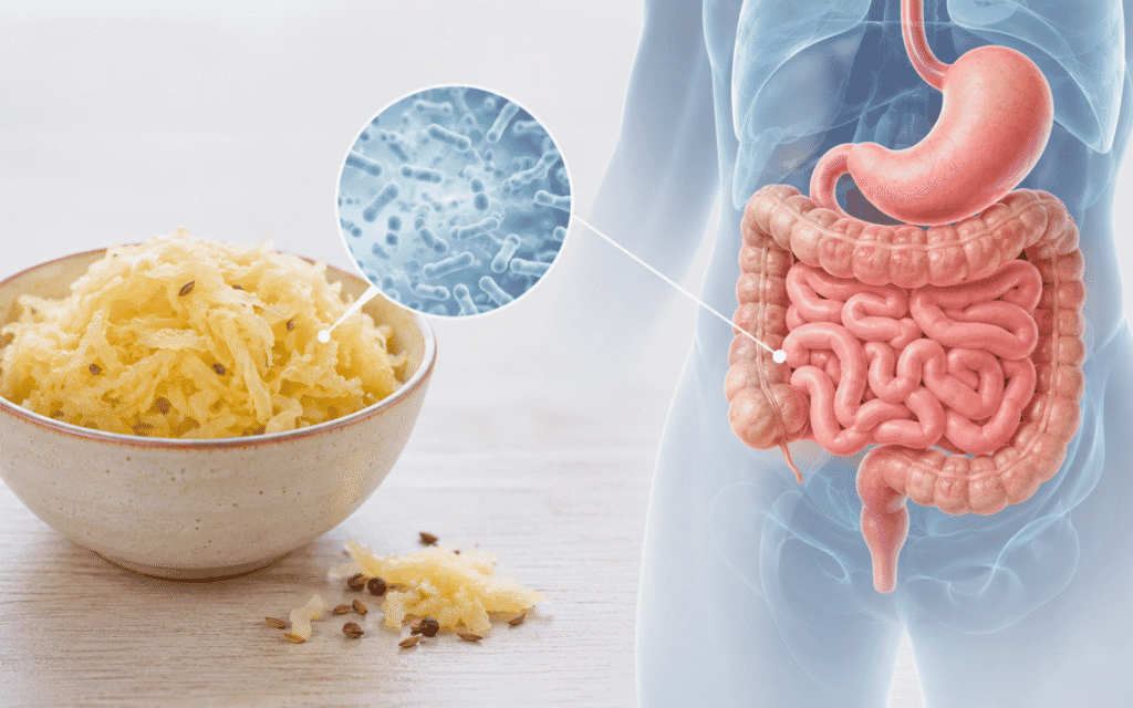 Schüssel mit Sauerkraut, Darstellung von Milchsäurebakterien und menschlichem Darm zur Veranschaulichung des Zusammenhangs zwischen fermentierten Lebensmitteln und Darmmikrobiom.